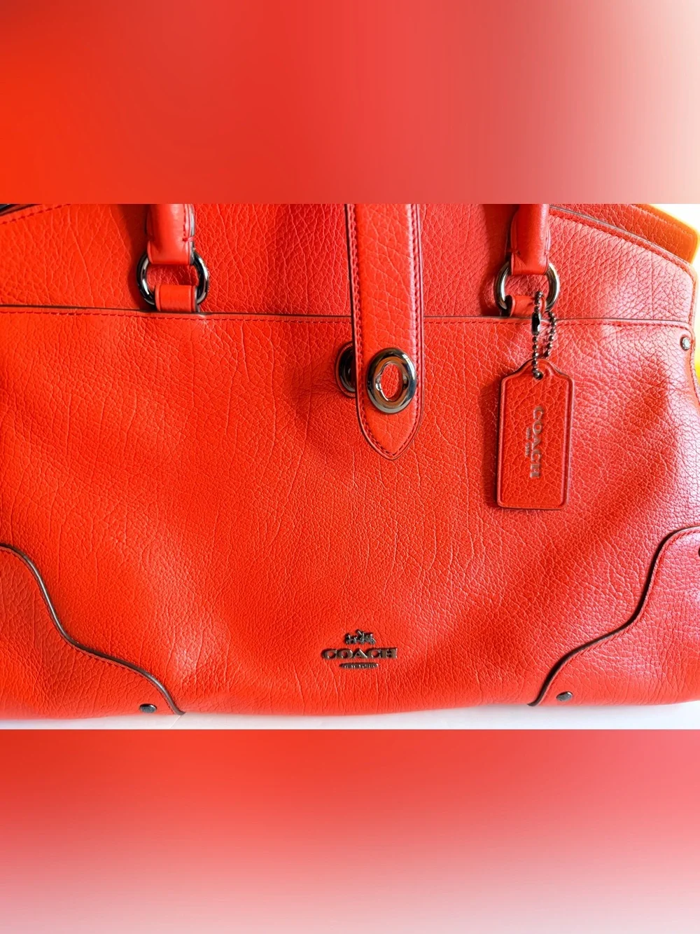 Coach Mercer Red/Orange Pebbled Leather Satchel 2 way handbag